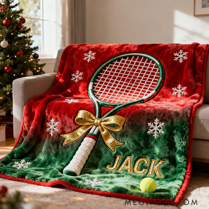 Personalized Tennis Christmas Blanket with Custom Name and Festive Design