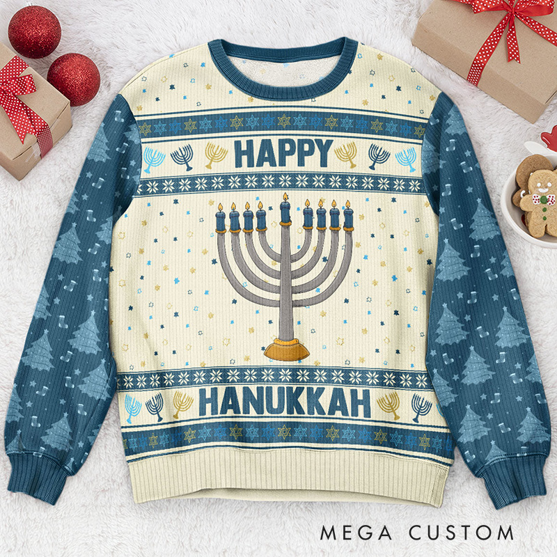 Personalized Happy Hannukah Ugly Sweater Menorah Dreidel Star of David Ugly Sweater Religious Gift Happy Hannukah Gift