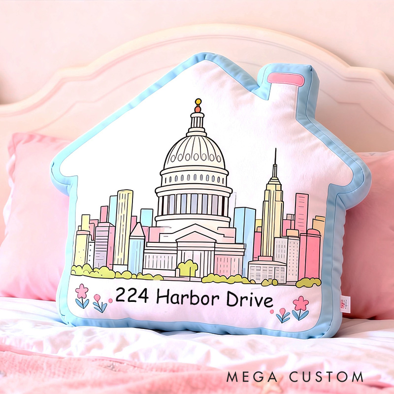 Personalized City Skyline Pillow House-Shaped Custom Address Bedroom Living Room Gift Decor Modern Skyline Holiday Keepsake
