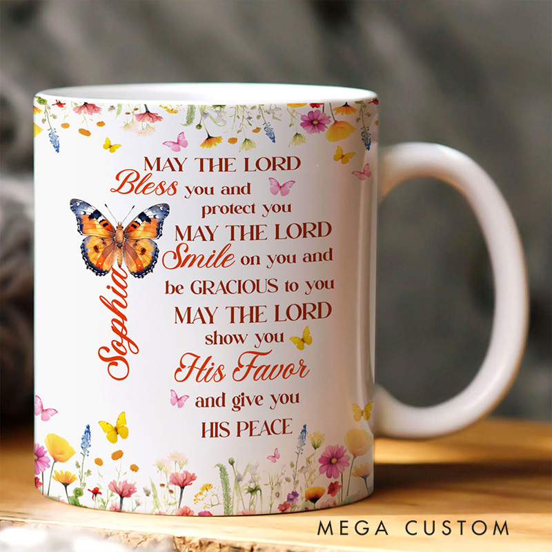 Personalized May The Lord Bless You 11oz 15oz Ceramic Mug with Birth Butterfly and Name Floral Butterfly Coffee Mug Religious Christian Gift for Her