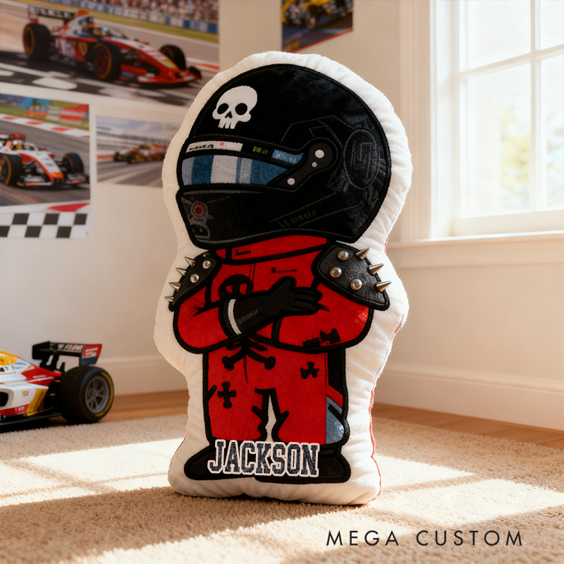 Personalized Vehicle Racing Driver Shaped Pillow with Skull Design and Custom Name Unique Gift for Kids