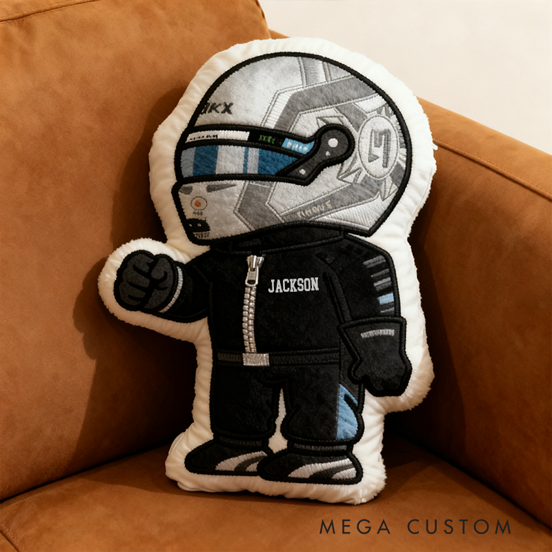 Personalized Vehicle Racing Driver Shaped Pillow with Sleek Black Design and Custom Name Unique Gift for Kids