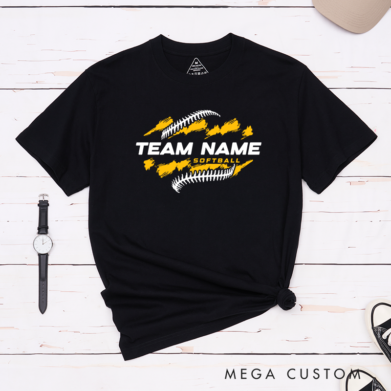 Personalized Softball Team T-Shirt Design Featuring Customizable Team Name Bold Text Dynamic Brushstroke Elements and Softball Stitch Graphics