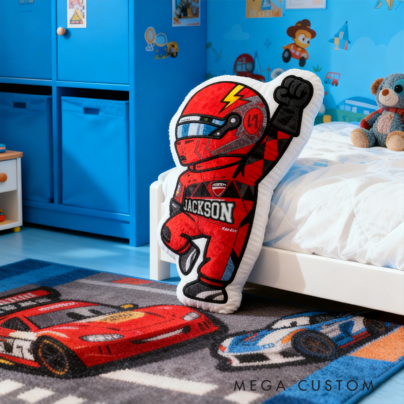 Personalized Vehicle Racing Driver Shaped Pillow with Red Lightning Design and Custom Name Unique Gift for Kids