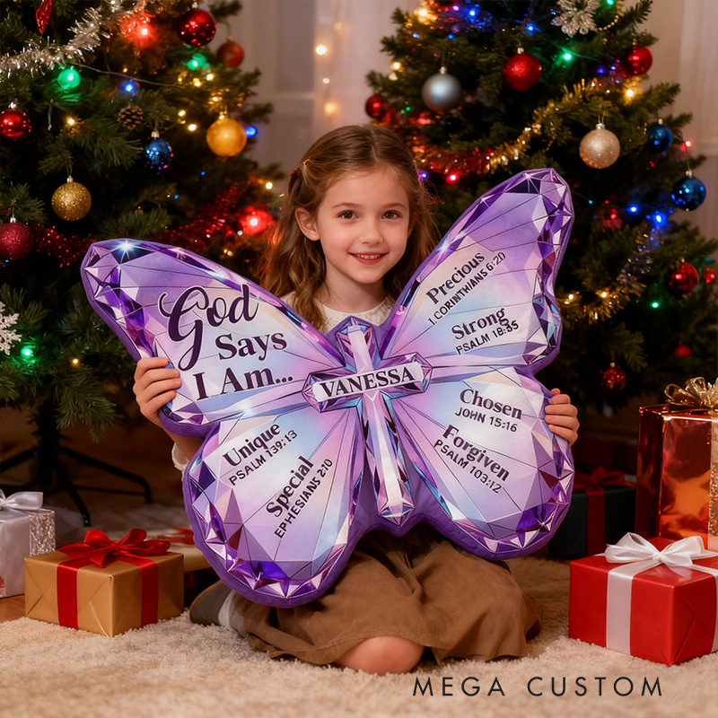 Personalized Butterfly of Grace God Says I am Pillow with Custom Name Kid Room Decor Purple Butterfly Pillow Religious Gift for Kid Affirmation Gift