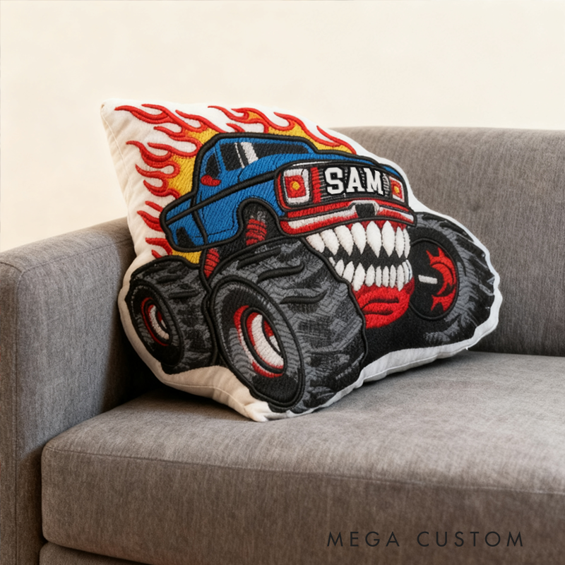 Personalized Monster Truck Shaped Pillow with Flame Design and Custom Name Unique Gift for Kids