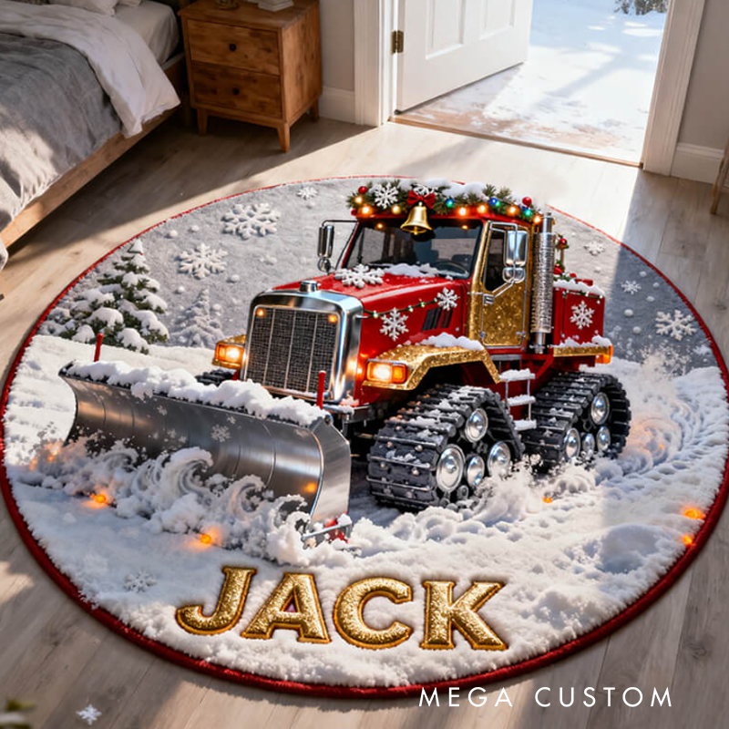 Personalized Christmas Truck Custom Name Snow Plow Festive Holiday Style Cozy Winter Home Decor Red Vehicle Fun Joyful Gift Warm Welcome Entryway Doormats