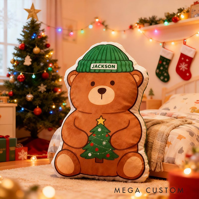 Personalized Christmas Bear Custom Name Soft Decorative Gift Festive Holiday Style Cozy Nursery Warm Tree Hat Cute Joyful Winter Magic Graphic 3D Print Pillow