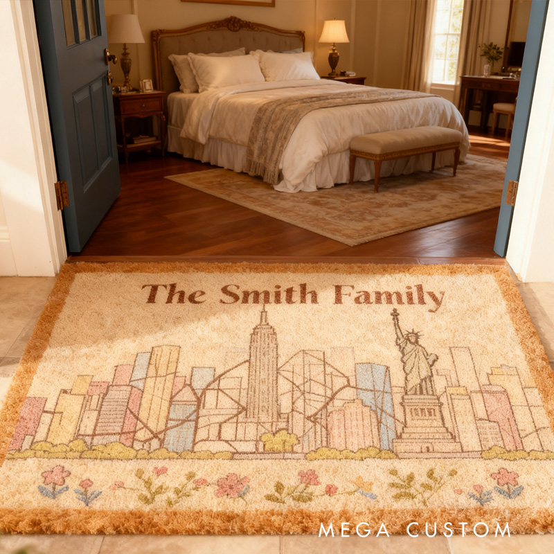 Personalized Cityscape Doormat New York City Skyline Custom Family Name Welcome Mat with Iconic Landmarks Durable Entryway Rug for Home Decor
