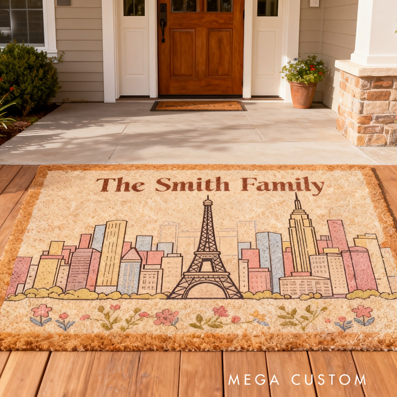 Personalized Family Doormat Custom Name Welcome Mat with Eiffel Tower Cityscape Durable Entryway Rug for Home Decor Front Door Outdoor Indoor Use