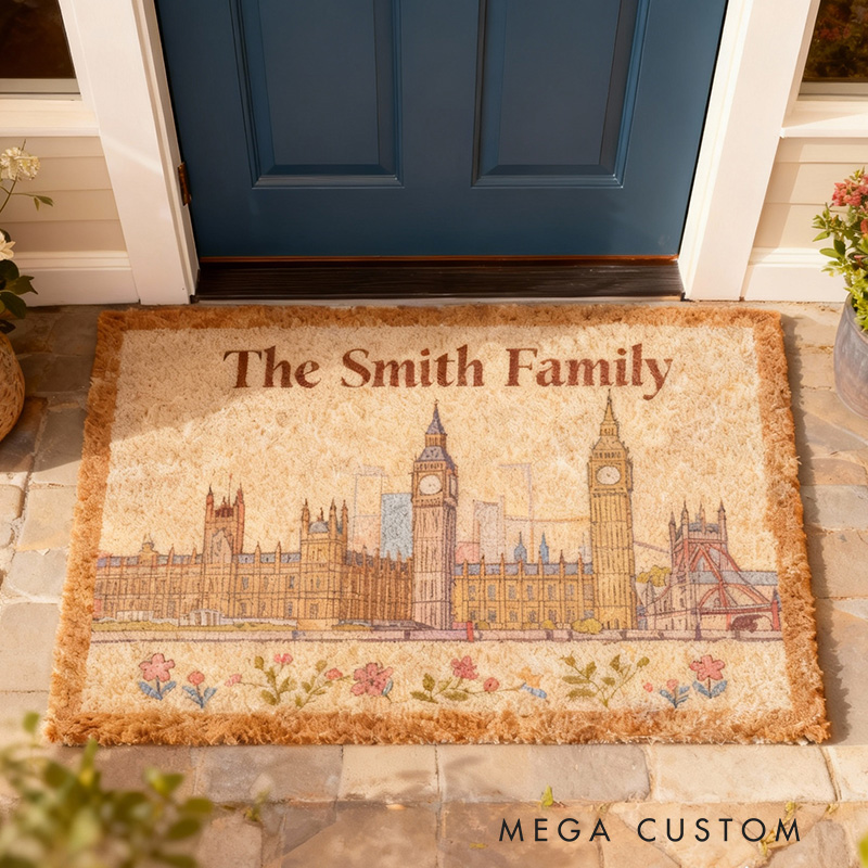 Personalized Family Doormat Custom Name Welcome Mat with London Skyline Durable Entryway Rug for Home Decor Front Door Outdoor Indoor Use