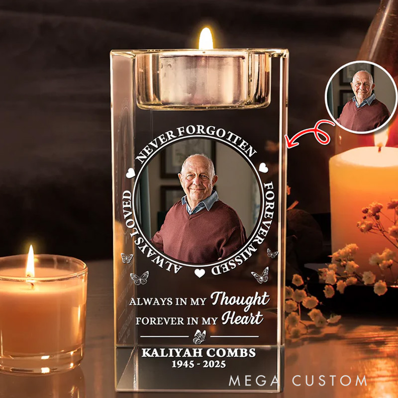 Personalized Memorial Crystal Candle Holder with Photo Always in My Thought Memorial Gift  In Loving Memory Gift