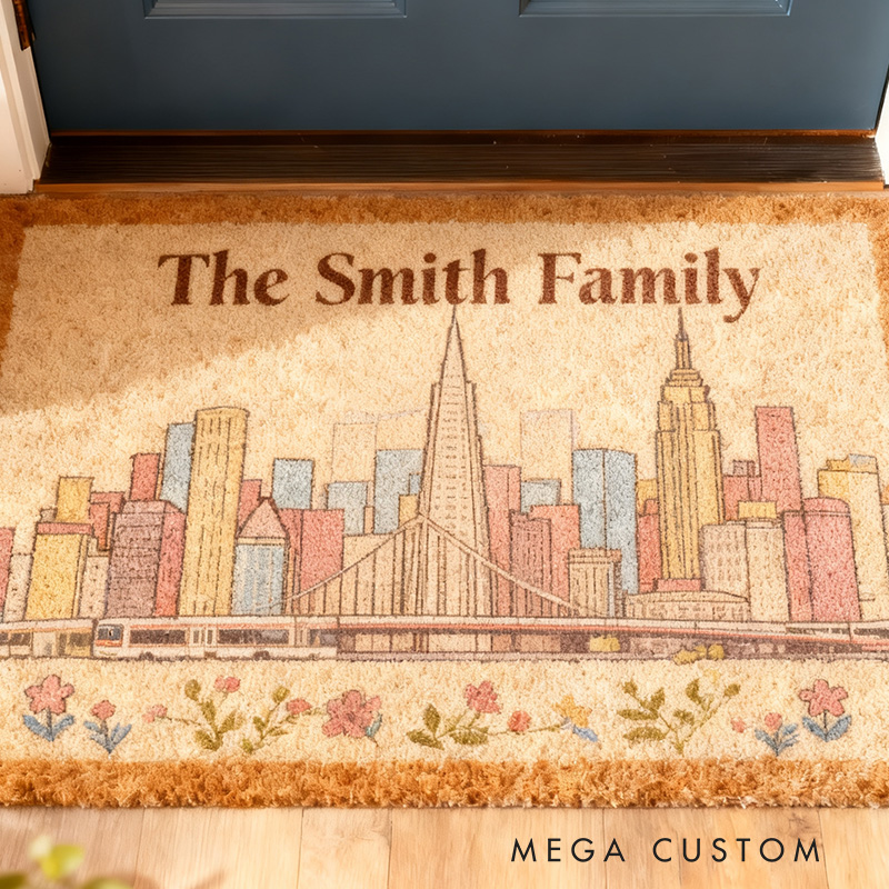 Personalized Family Doormat Custom Name Welcome Mat with San Francisco Skyline Entryway Rug for Home Decor Front Door Outdoor Indoor Use