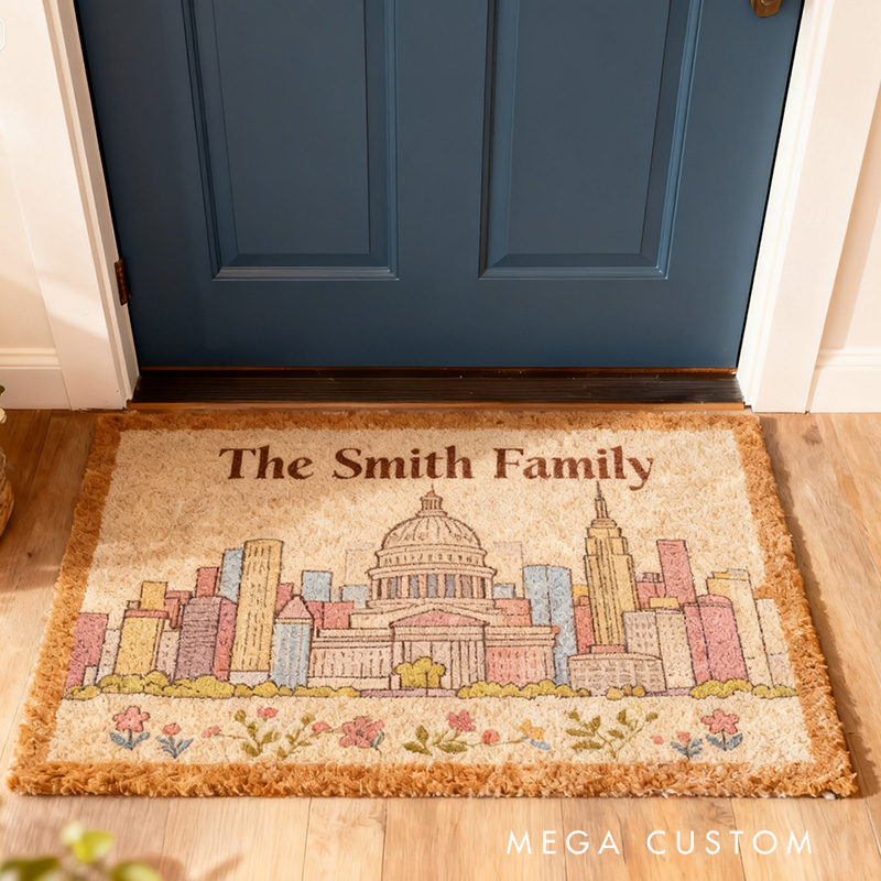 Personalized Family Doormat Custom Name Welcome Mat with Washington Skyline Line Durable Entryway Rug for Home Decor Front Door Outdoor Indoor Use