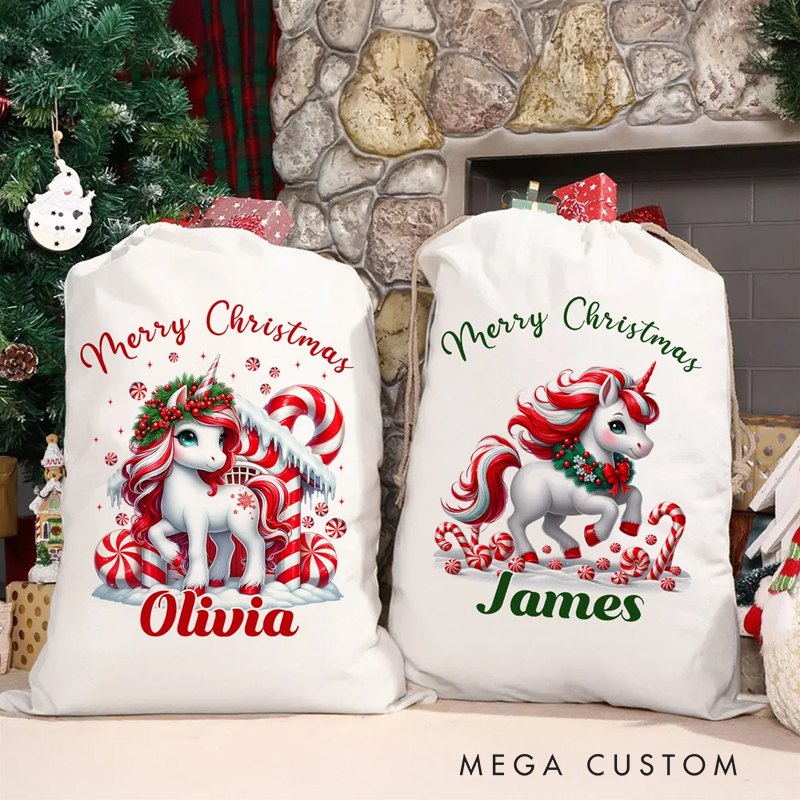 Personalized Merry Christmas Fantasy Dream Horse Drawstring Gift Bag with Name Christmas Eve Party Favors for Girls Boys Kids