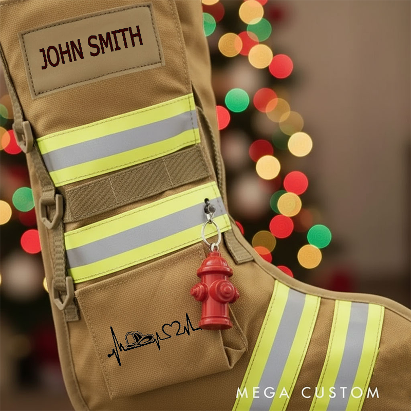 Personalized Firefighter Christmas Stocking Reflective Stripes Heartbeat Design Gift for Firefighters