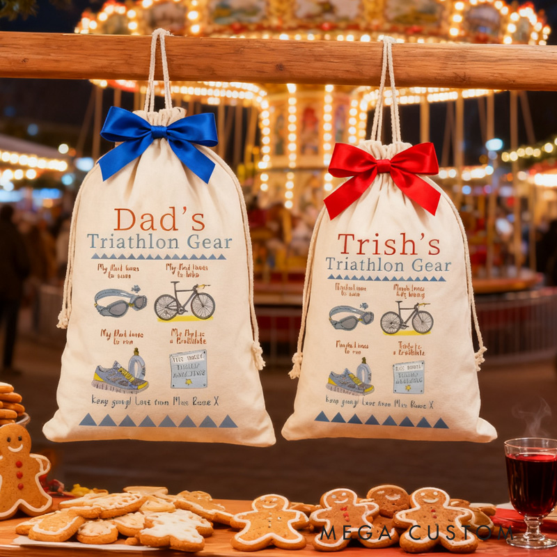 Personalized Merry Christmas Sack Family Christmas Gift Wrap Bag Triathlon Gear Sack Swim Bike Run Storage Gift Cotton Cycling Kit Sports Bag Gift for Cyclist Bicycle Biker Riding Lovers