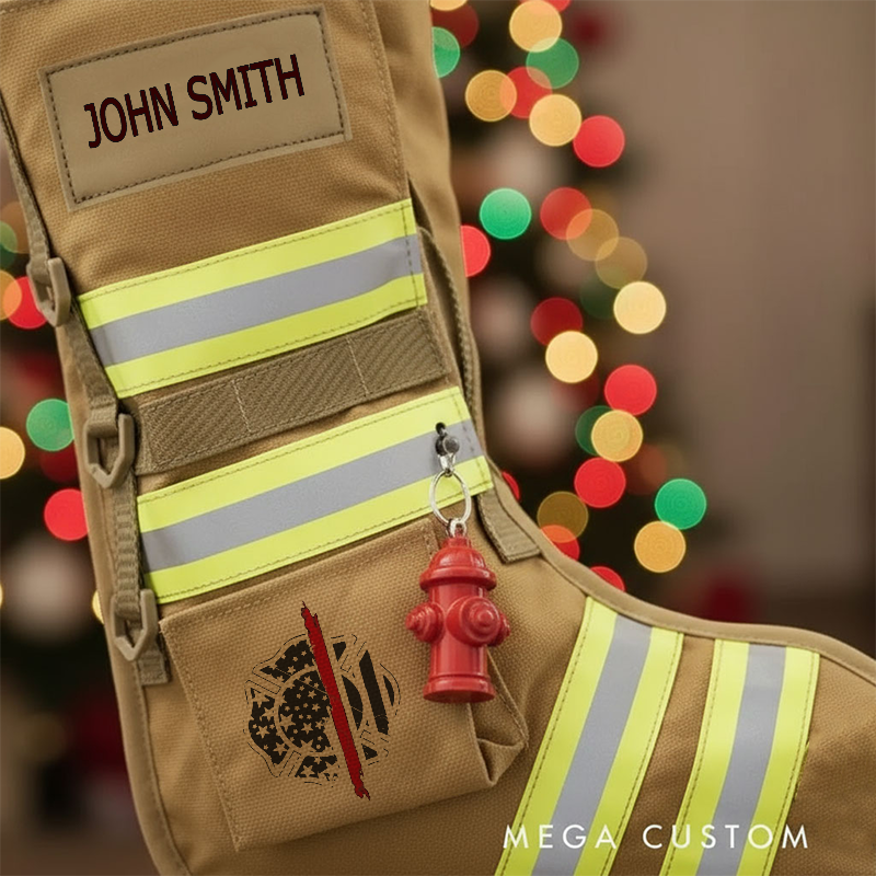 Personalized Firefighter Christmas Stocking Reflective Stripes Fire Helmet Design Gift for Firefighters