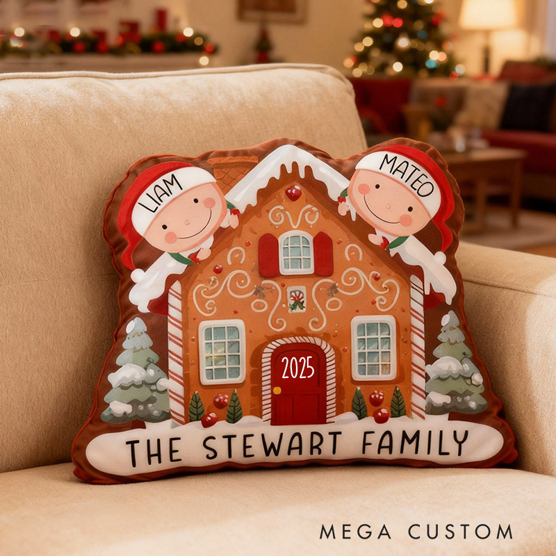 Personalized Gingerbread House Pillow Custom Family Name Holiday Decor Cushion with Festive Design Christmas Decoration for Living Room Christmas Gift