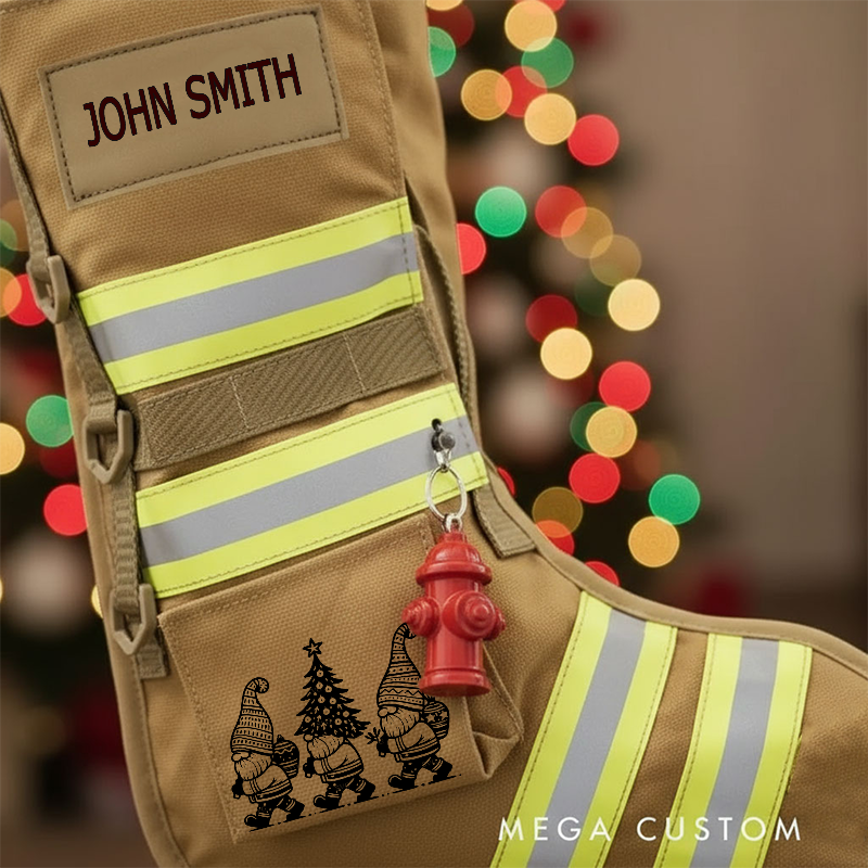 Personalized Firefighter Christmas Stocking Reflective Stripes Festive Gnome Design Gift for Firefighters