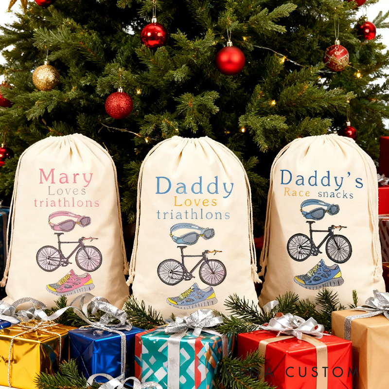 Personalized Merry Christmas Triathlon Sack Family Christmas Gift Wrap Bag Cycling Gift Cotton Cycling Kit Sports Bag Gift for Cyclist Bicycle Biker Riding Lovers