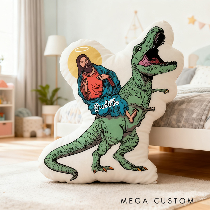 Personalized Funny Jesus Riding T-Rex Dinosaur Pillow with Custom Name Kid Room Decor Sarcastic Religious Gift for Kids Graphic 3D Print Pillow