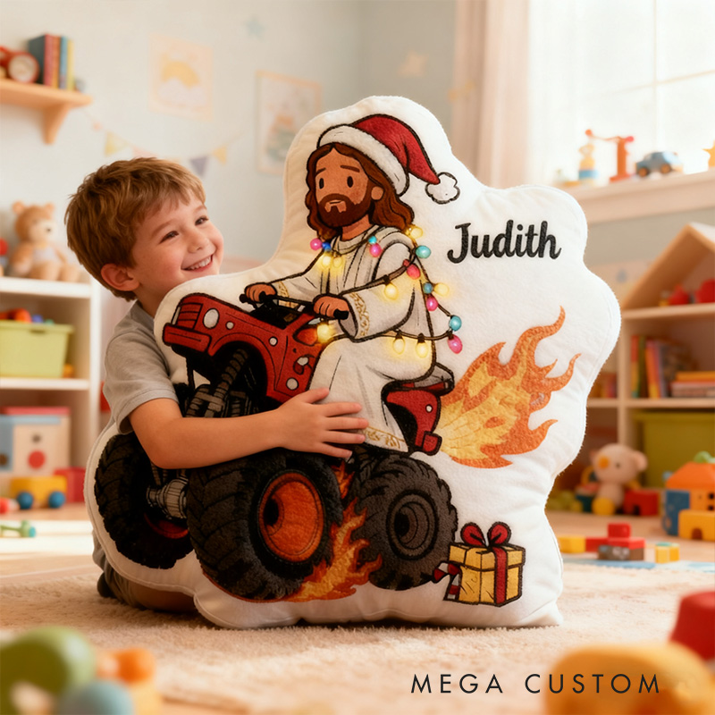 Personalized Funny Jesus Riding Truck Christmas Pillow with Custom Name Kid Room Decor Sarcastic Religious Gift for Kids Graphic 3D Print Pillow