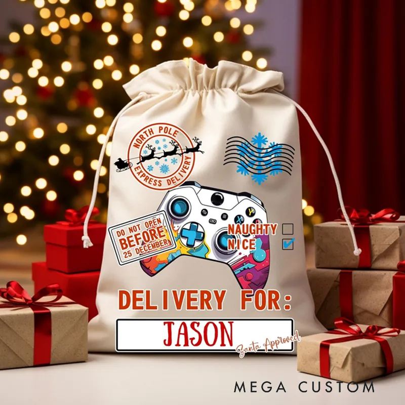 Personalized Gamer Christmas Sack Custom Name Santa Gift Bag North Pole Delivery Video Game Controller Santa Sack for Kids & Teens