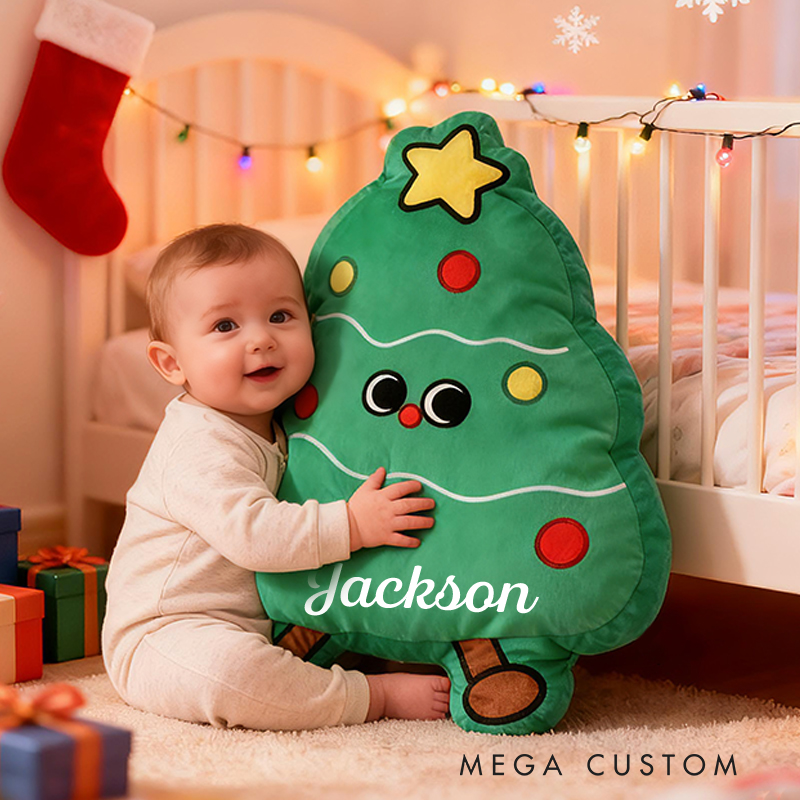 Personalized Christmas Tree Custom Name Soft Decorative Gift Festive Holiday Style Cozy Nursery Cute Bright Star Warm Lights Joyful Baby Room Cheerful Graphic 3D Print Pillow