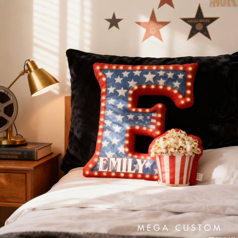 Personalized Graphic 3D Print Popcorn And Movie Alphabet Shaped Pillow for Movie Lovers Initial Pillow Christmas Gift for Kids