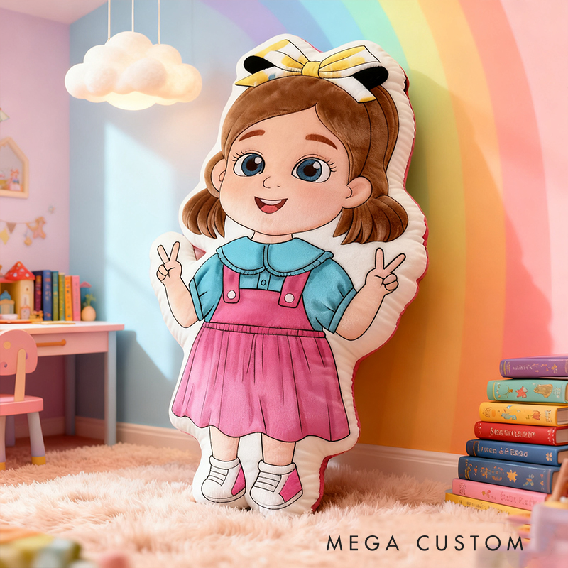 Personalized Cute Girl Custom Name Soft Decorative Gift Colorful Rainbow Style Cozy Nursery Sweet Smile Pink Dress Lovely Playful Joy Happy Childhood Graphic 3D Print Pillow