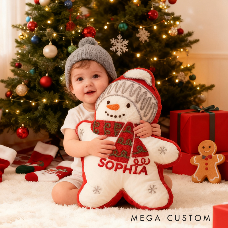 Personalized Christmas Snowman Custom Name Soft Decorative Gift Festive Holiday Style Cozy Home Warm Tree Lights Joyful Winter Cheer Cute Baby Room Graphic 3D Print Pillow