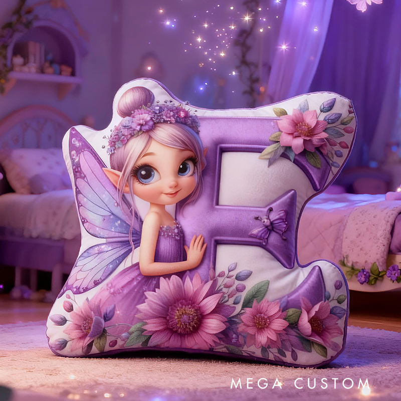 Personalized Fairy Letter Custom Name Soft Decorative Gift Magical Fantasy Style Cozy Bedroom Purple Flower Sparkle Dream Lovely Wings Enchanted Night Graphic 3D Print Pillow