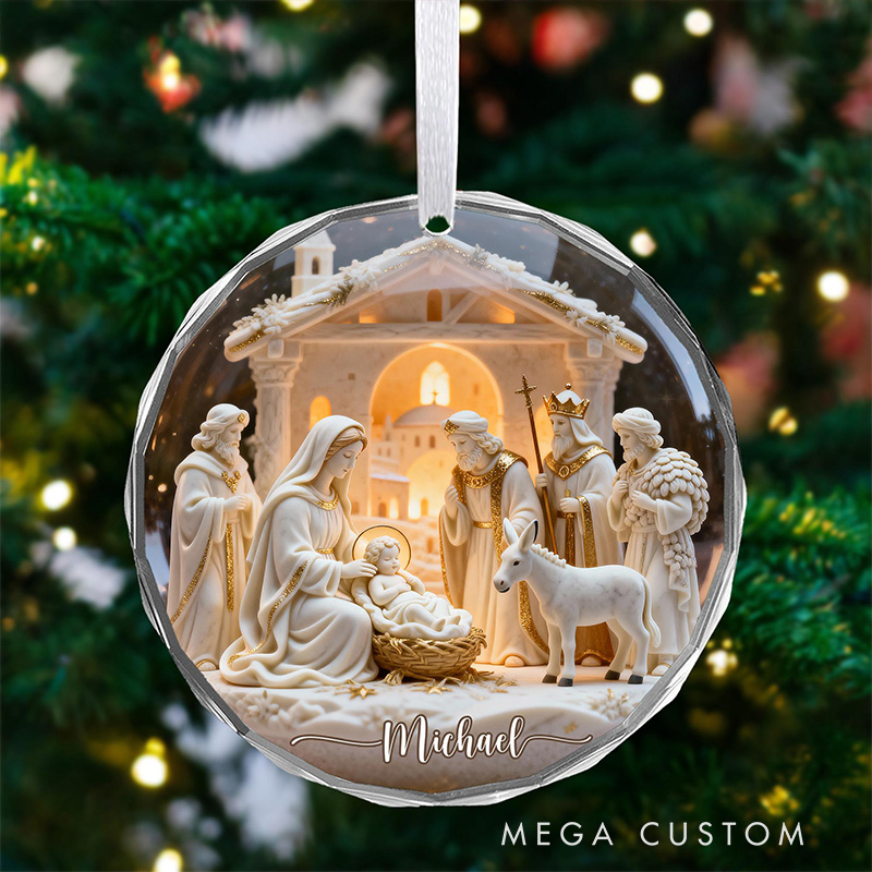 Personalized Nativitys Scene Christmas Round Shaped Glass Ornament with Name Tree Decor Regilious Decor Gift Christmas Gift for Christian Xmas Gift