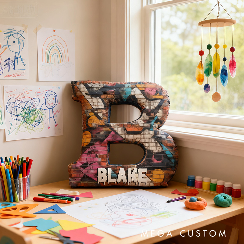 Personalized Graphic 3D Print Graffiti Art Brick Alphabet Shaped Pillow for Art Lovers Initial Pillow Christmas Gift for Kids