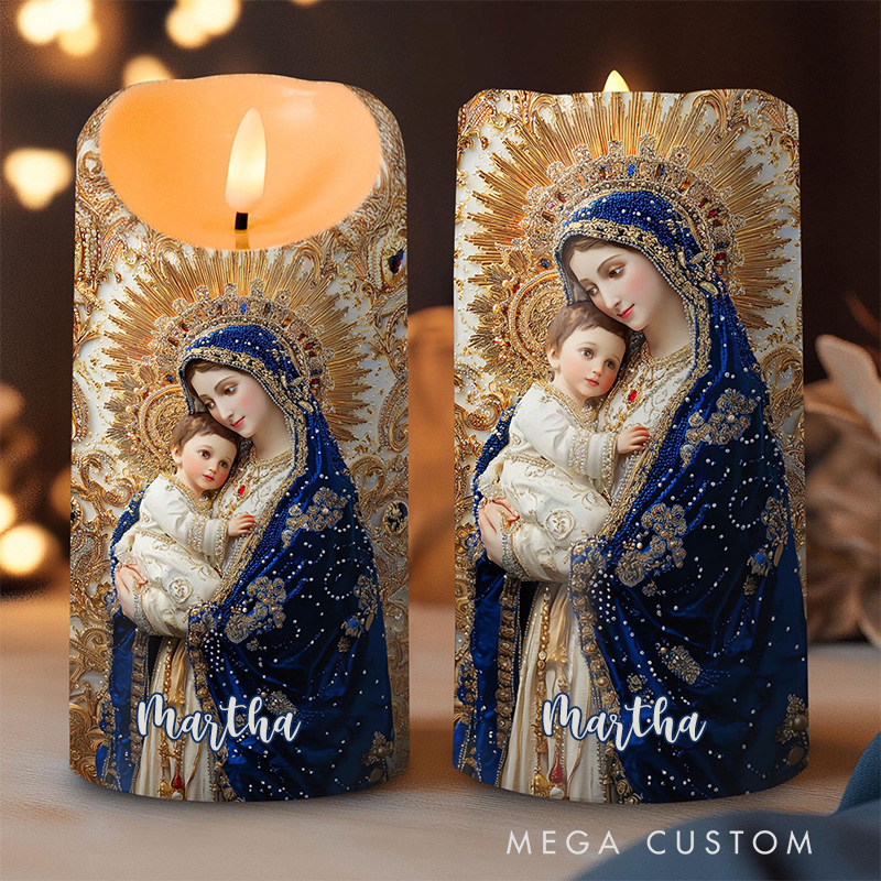 Personalized Virgin Mary and Baby Jesus LED Candle with Name Christian Home Decor Blessed Mother Candle Religious Prayer Candle Catholic Gift for Her