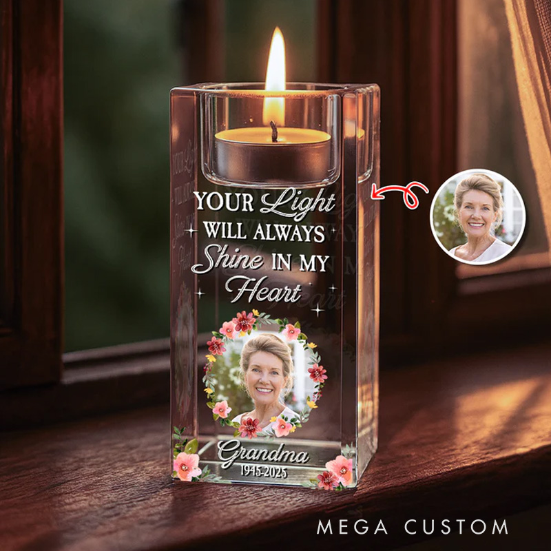 Personalized Memorial Photo Crystal Candle Holder Your Light Will Always Shine In Loving Memory Gift