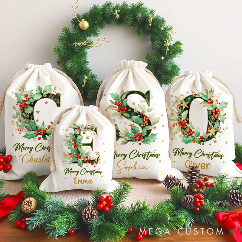 Personalized Holly Initial Canvas Drawstring Gift Bag with Name Christmas Gift for Friends Family