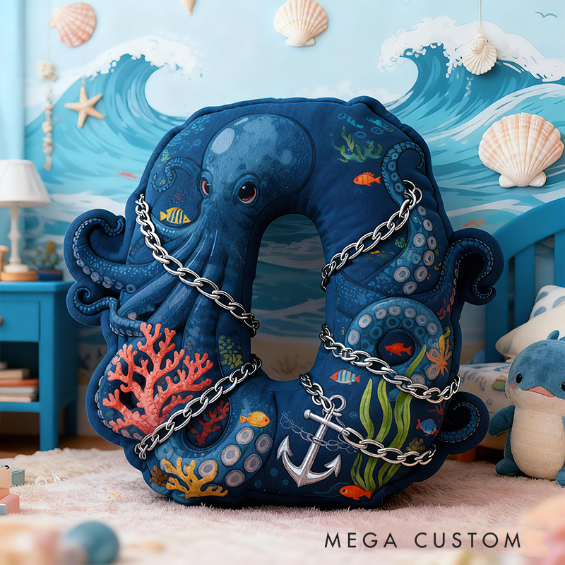 Personalized Ocean Letter Custom Name Soft Decorative Gift Underwater Sea Style Cozy Bedroom Blue Coral Octopus Anchor Fish Waves Marine Adventure Graphic 3D Print Pillow