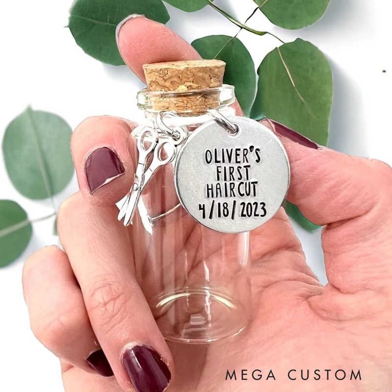 Personalized First Haircut Keepsake Personalized Jar with Date Glass with Cork Scissors Charm for First Lock of Hair Cut Sentimental Gift 