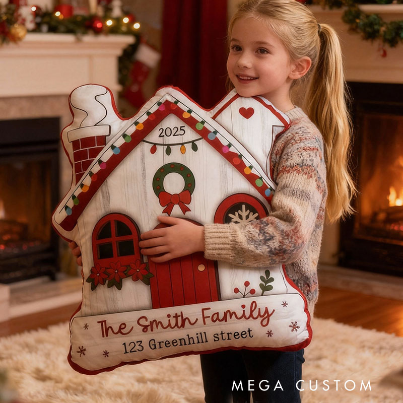 Personalized House Pillow Custom Family Name Holiday Decoration with Address Festive Christmas Cushion Cozy Keepsake for Home Decor Christmas Gifts