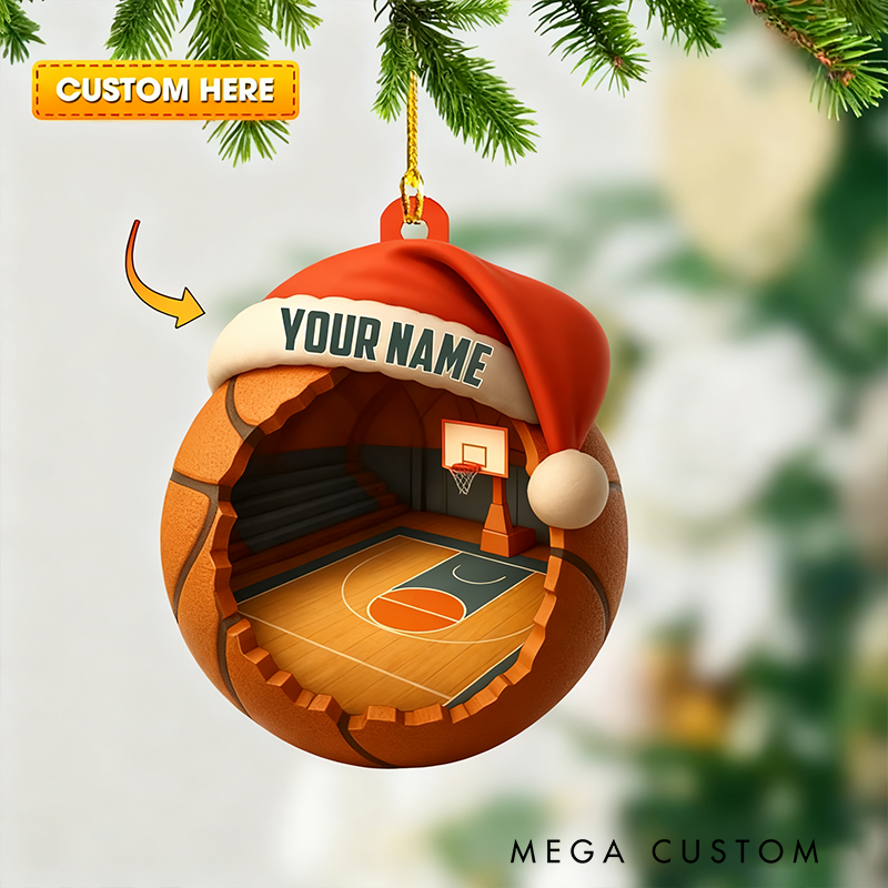 Personalized Basketball Christmas Ornament with Custom Name and Santa Hat Design