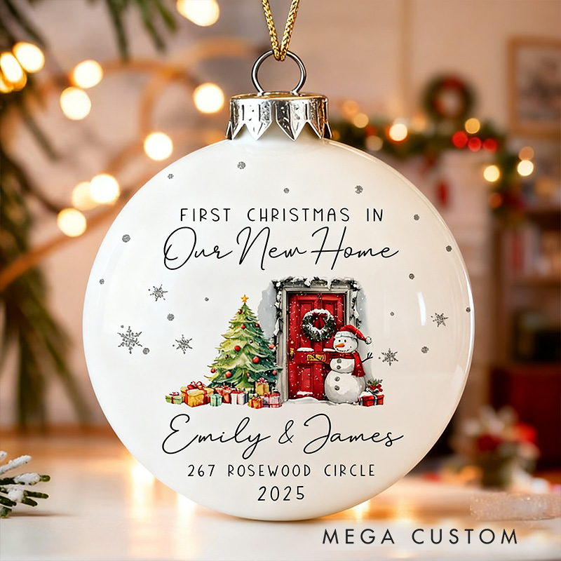 Personalized First Christmas Ball Ornament Custom Names and Address Festive New Home Keepsake Holiday Decoration 2025 Gift for Families
