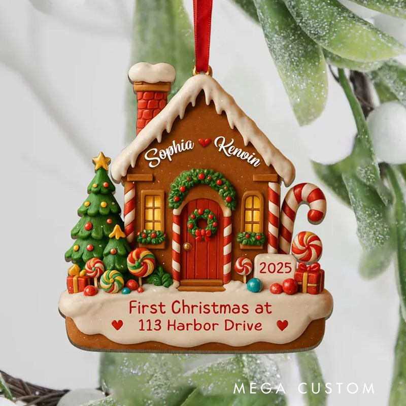 Personalized Gingerbread House Ornament Custom Names and Address First Christmas Keepsake 2025 Festive Holiday Decoration Gift for New Homeowners