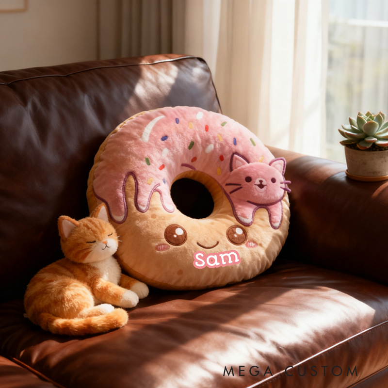 Personalized Pink Donut Throw Pillow Graphic 3D Print Donut and Cat Pillow with Name for Kids Grilfriend Baker Gift 