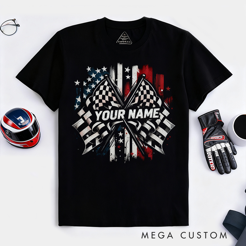 Personalized Racing Flag T-Shirt Custom Name Classic Motorsport Tee with Flag Design for Car Lovers