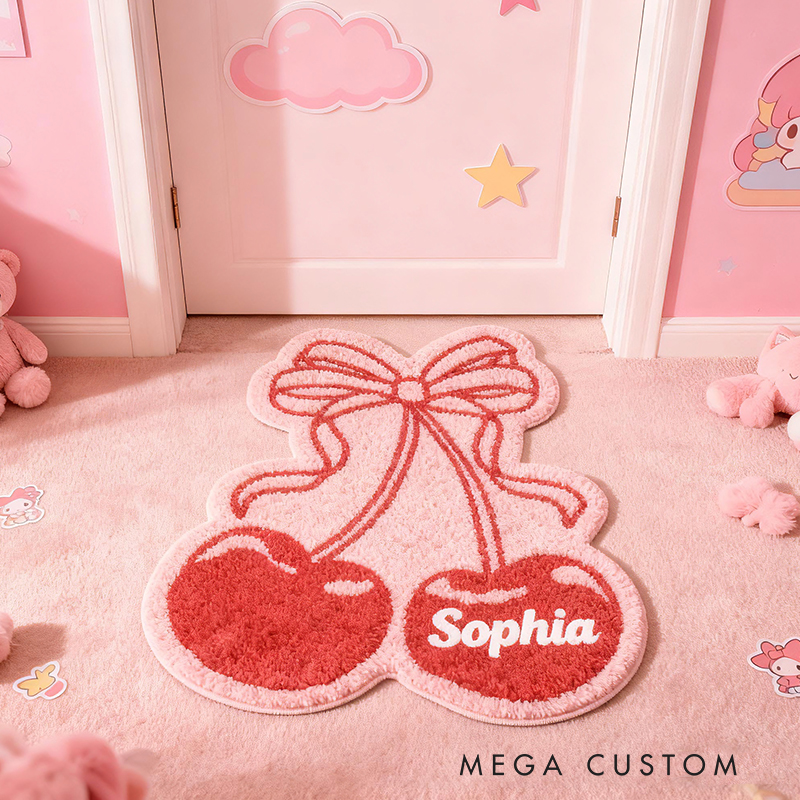 Personalized Cherry Bow Custom Name Soft Decorative Gift Sweet Pink Style Cozy Bedroom Cute Fruit Heart Lovely Girl Room Warm Welcome Entry Graphic Rug for Kids