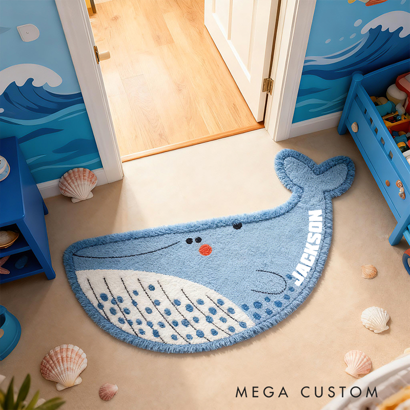 Personalized Whale Ocean Custom Name Soft Decorative Gift Underwater Sea Style Cozy Bedroom Blue Waves Cute Marine Animal Playful Baby Room Graphic Carpet Rug for Kids