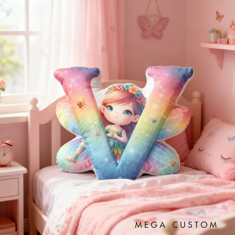 Personalized Letter Christmas Gift Pillow with Gradient Sparkling Fairy Colorful Wings and  Magical Style Graphic 3D Print Pillow for Kids