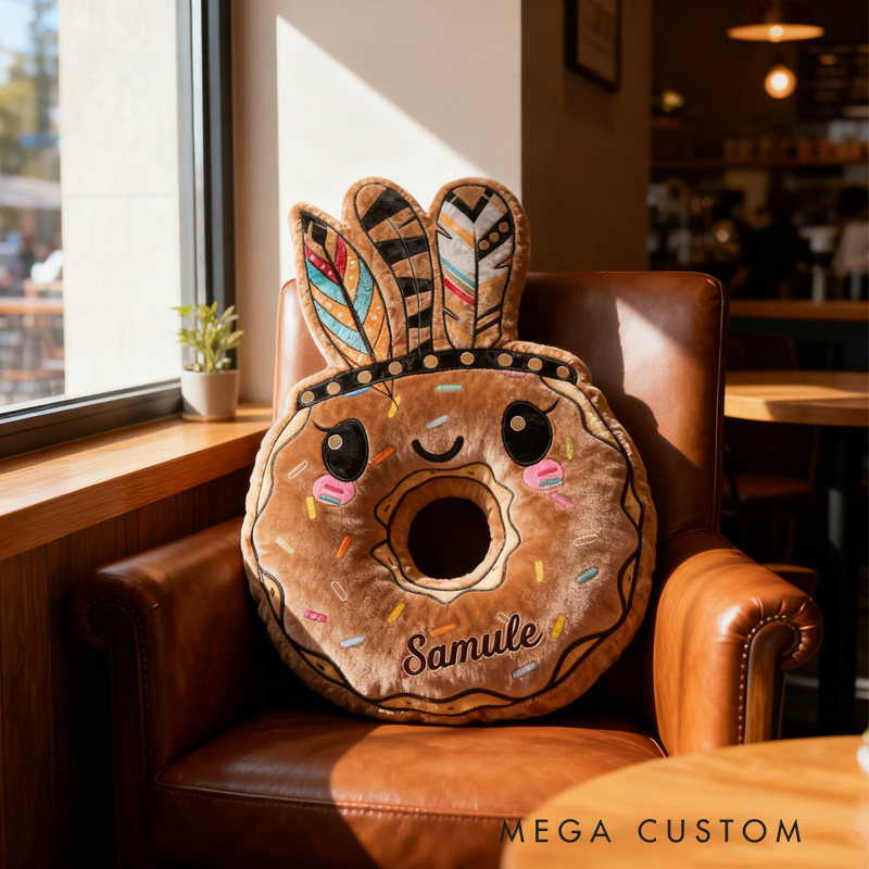 Personalized Primitive Man Donut Throw Pillow Graphic 3D Print Chocolate Donut Pillow with Name for Kids Boys Girls Baker Gift 